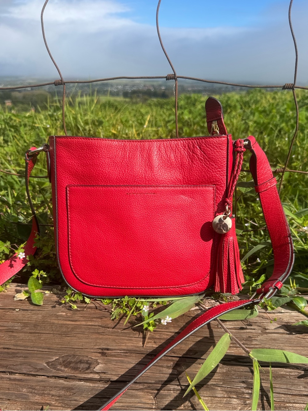 Cole Haan Tomato Red Pebbled Leather Tasseled  Crossbody Bag